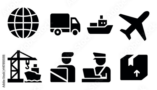 Global logistics icons: shipping, transport, customs, delivery