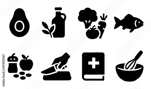 Healthy food icons: avocado, vegetables, fish, cooking elements
