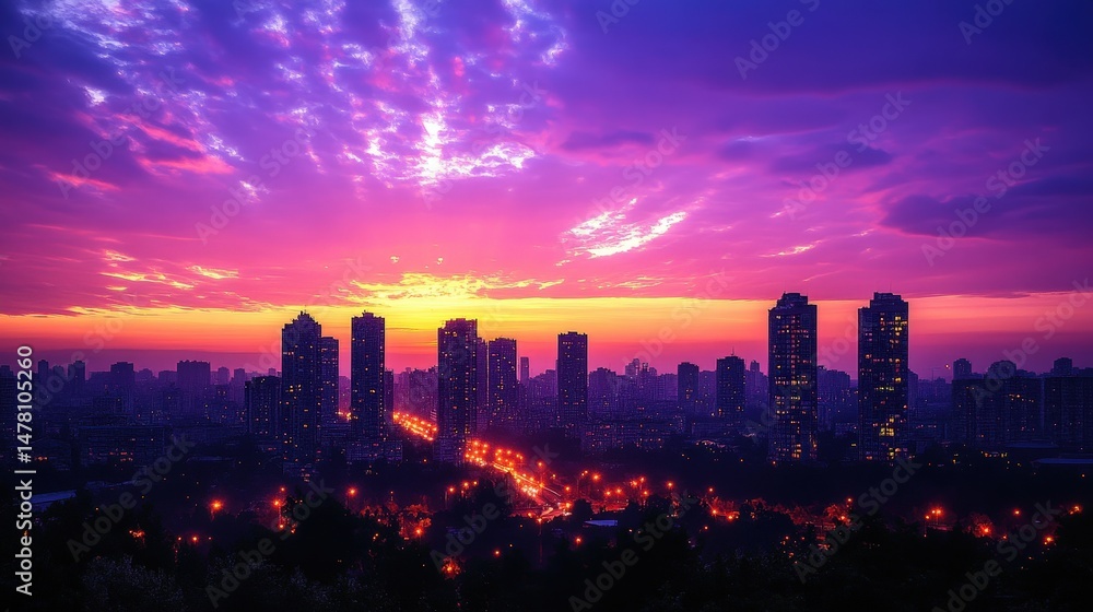 Fototapeta premium Urban cityscape at twilight with vibrant sunset colors.