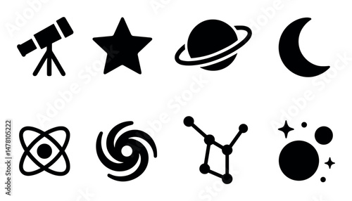 Astronomy icons: telescope, star, saturn, moon, atom, galaxy, constellation, planets