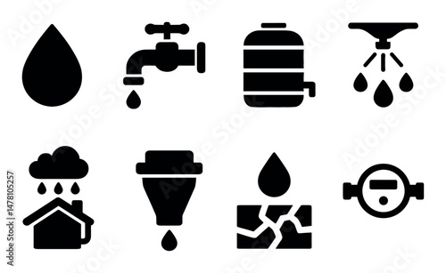 Water icons set: conservation, equipment, drought, precipitation