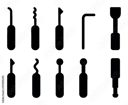 Diverse lock pick set silhouettes: tools for locksmithing
