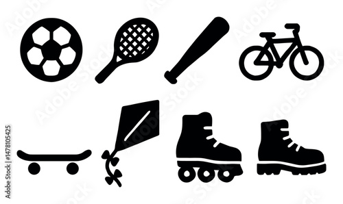 Set of sport equipment icons including bike, ball, skateboard