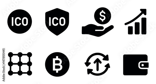 Black cryptocurrency icons: ico, bitcoin, wallet, and finance symbols