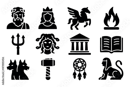 Mythology icons set – solid, silhouette, isolated ancient symbols and figures
