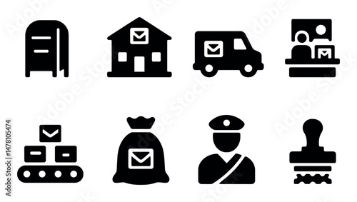 Mail and postal service icons: mailbox, delivery, officer, and stamp symbols