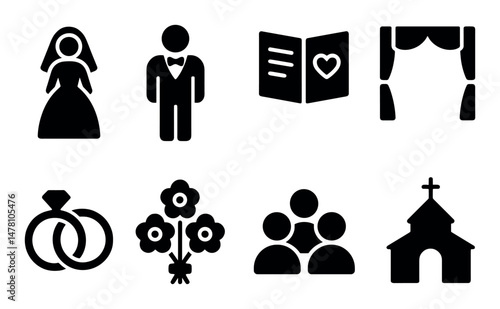 Wedding symbols: bride, groom, rings, bouquet, ceremony icons in black