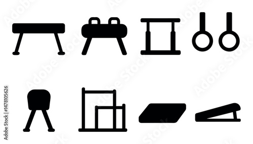 Silhouette icons of gymnastics equipment for training and competition