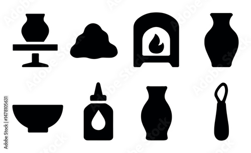 Pottery and ceramics icons set – silhouette, solid, isolated artistic tools symbols