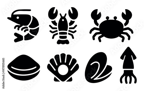 Black silhouette icons of seafood: shrimp, lobster, crab, mussel