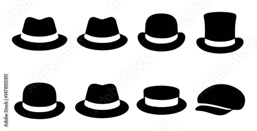 Set of eight classic hat silhouettes including fedora and top hat designs