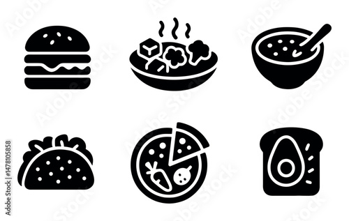 Food icons: burger, salad, soup, taco, pizza, avocado toast