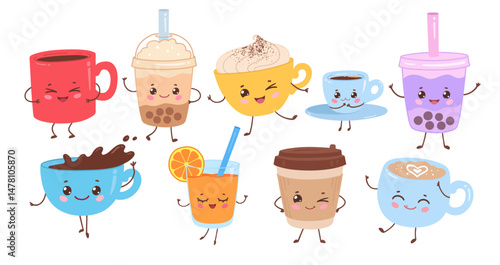Vector flat illustration of kawaii coffee cups, bubble tea, and juice with happy faces