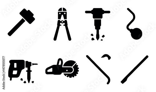 Set of demolition tools icons: sledgehammer, jackhammer, chainsaw