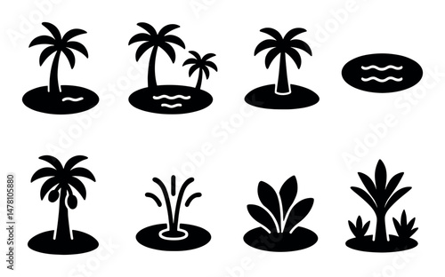 Collection of tropical palm tree and oasis silhouettes in black