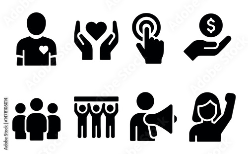 Charity and donation icons set – solid, filled, isolated giving and volunteering symbols