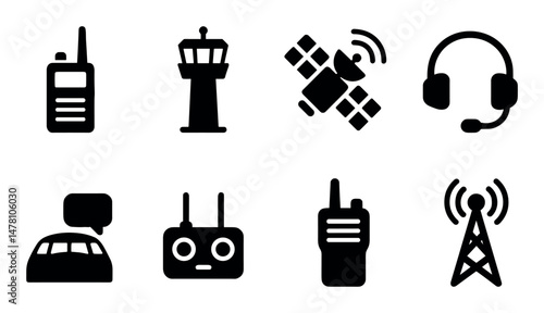 Black communication icons: radio, satellite, tower, headset, antenna