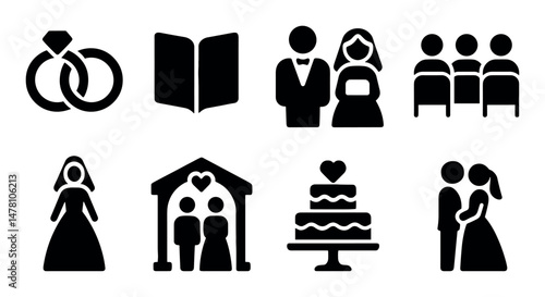 Wedding icons set: rings, couple, ceremony, cake, guests