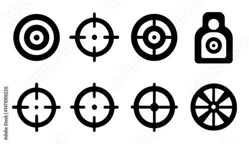 Simple black target and crosshair icons set for aim and accuracy