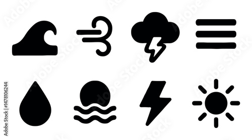 Weather and nature icons: wave, wind, storm, fog, water, sun