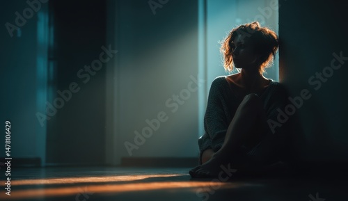 A young woman sits alone, bathed in the soft glow of a single light source. The moody ambiance is enhanced by the teal and dark tones of the surrounding hallway.