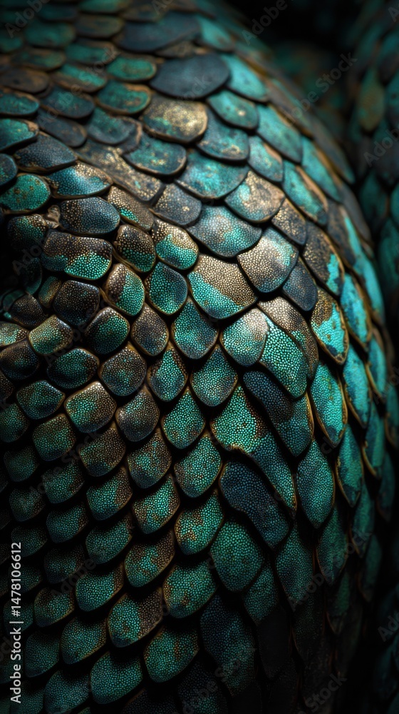 Obraz premium Scales of a colorful reptile showing intricate patterns and textures in natural light