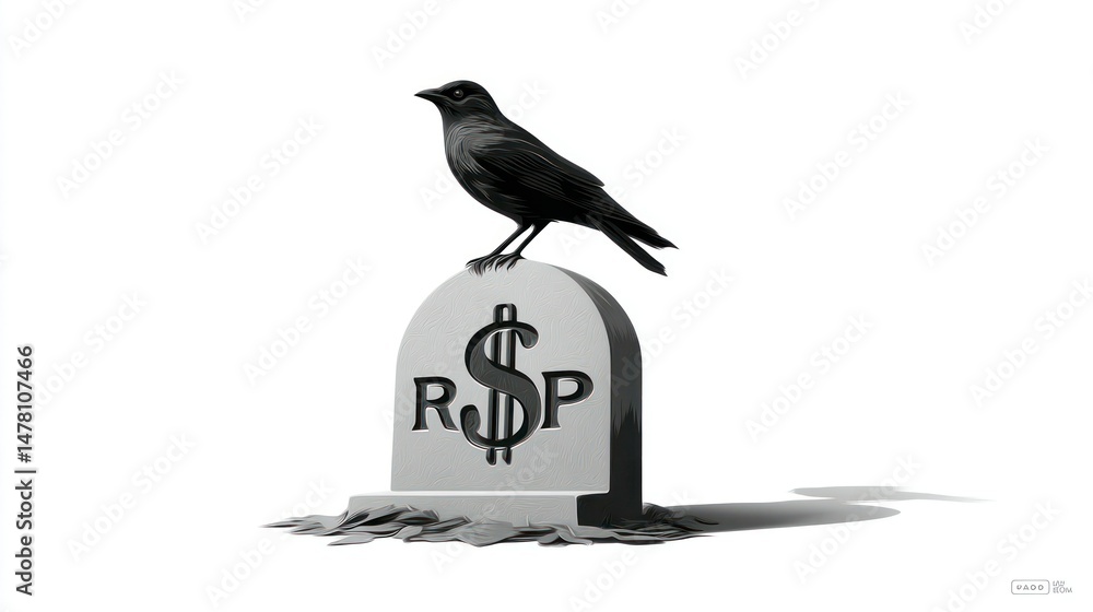 Fototapeta premium A crow perched on a tombstone with dollar sign symbolizing financial death or economic crisis