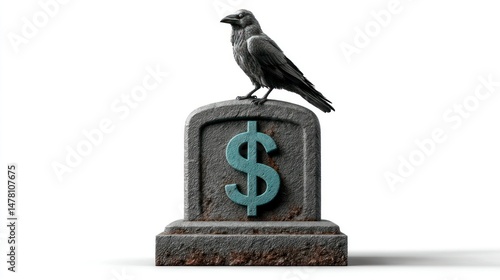 A crow perched atop a weathered tombstone with a dollar sign symbolizing financial decay and e