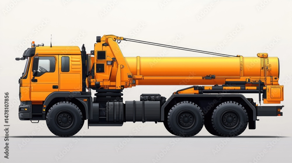 Bright orange truck with crane arm parked on a plain background Bright orange truck with crane arm parked on a plain background
