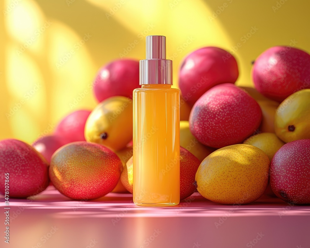 Vibrant yellow spray bottle surrounded by colorful fruits on a bright background Vibrant yellow spray bottle surrounded by colorful fruits on a bright background
