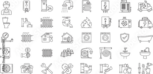 Plumbing and Heating Line Editable Icons set. Vector illustration in modern thin line style of house engineering related icons: pipes, boilers, tools, and more.