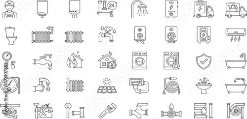 Plumbing and Heating Line Editable Icons set. Vector illustration in modern thin line style of house engineering related icons: pipes, boilers, tools, and more.