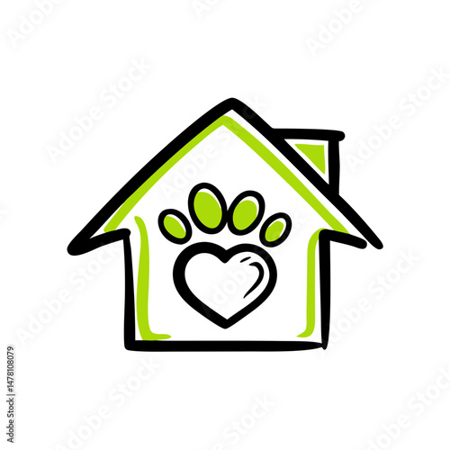 House icon with heart and paw print symbolizing love for pets and ecology  