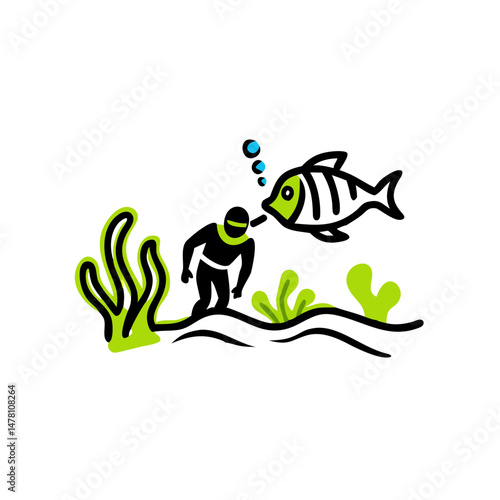 Scuba diver interacting with fish among underwater plants in ocean  