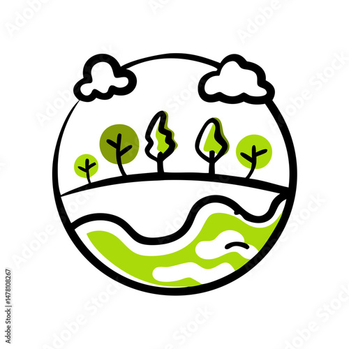 Minimalist illustration of trees and water representing ecology  