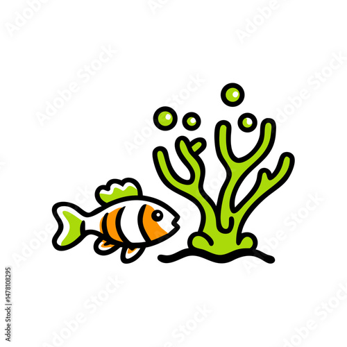 Bright orange clownfish swimming near green coral in the ocean - Concept of ecology  