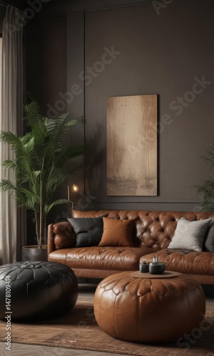 Black poufs accent brown couch in eclectic living room  Vintage style, dark interior ,  boho chic,  eclectic decor