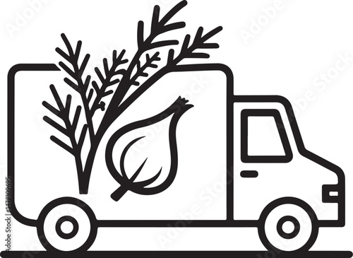Groceries Delivery, Vegetables Truck Black and White Vector Illustration, Sketch Drawing Line Linear Symbol Icon Engraving, Hand-drawn Isolated