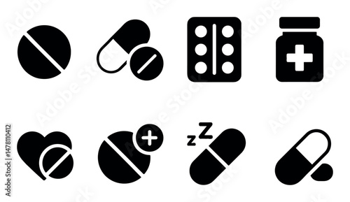 Medical pill and capsule icons set in black and white design