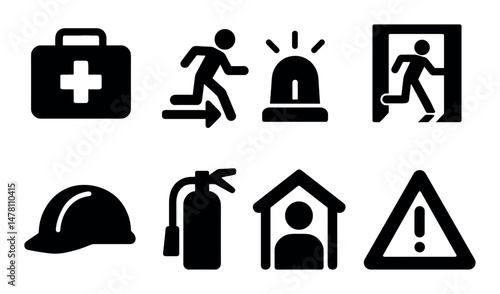 Safety and emergency icons: first aid, exit, alarm, fire, warning