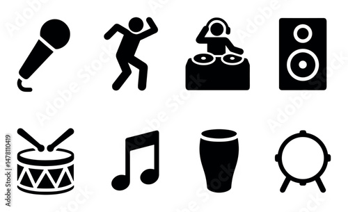 Music performance icons set – solid, filled, silhouette, isolated band and concert symbols