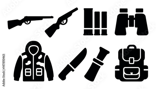 Hunting equipment silhouettes: rifles, knives, binoculars, backpack, jacket
