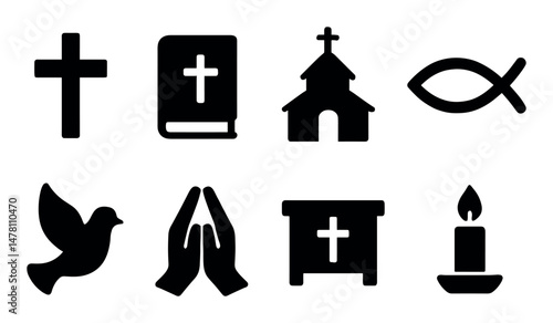 Christian symbols: cross, bible, church, fish, dove, prayer, altar