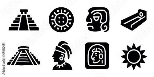 Ancient mayan glyphs and symbols - pyramids, faces, sun icon