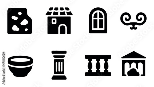 Icons of cheese, house, window, ornament, bowl, pillar, balcony
