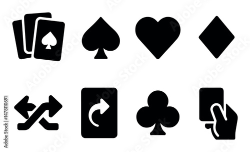 Card game icons: spades, hearts, diamonds, clubs, shuffle, action symbols