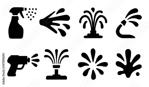 Black silhouette icons of various water sprayers and splashes