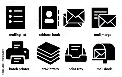 Icon set representing mailing processes and tools in black and white