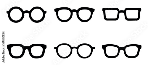 Set of six different eyeglasses silhouettes in black on white