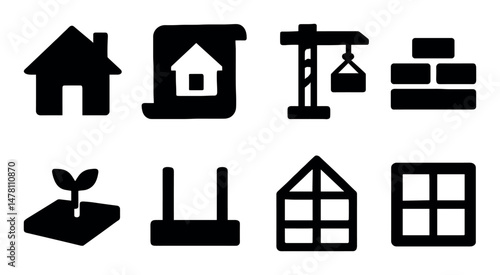 Construction icons set: house, crane, plant, structure, window